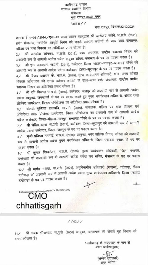 (कोरबा) 10 आईएएस व 01 आईपीएस का तबादला: हटाए गए सूरजपुर कलेक्टर, कोरबा निगम आयुक्त बस्तर