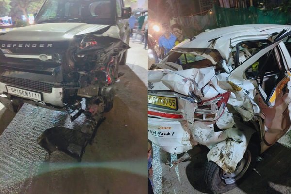 नोएडा में रफ्तार का कहर : डिफेंडर गाड़ी ने मचाया तांडव, 5 कारों और एक बाइक को मारी टक्कर, चालक हिरासत में