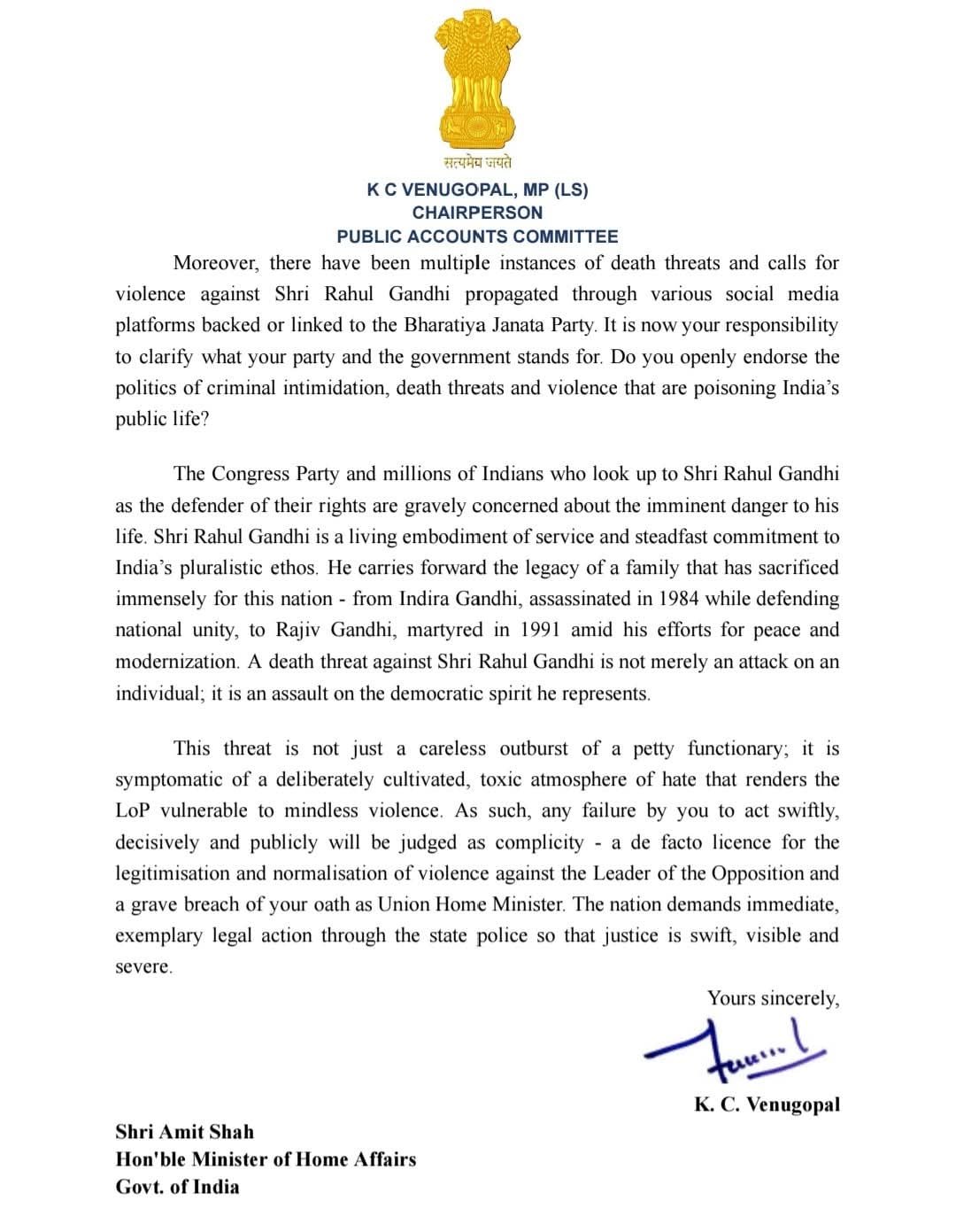 राहुल गांधी को जान से मारने की धमकी पर बवाल, केसी वेणुगोपाल ने अमित शाह को लिखा सख्त पत्र