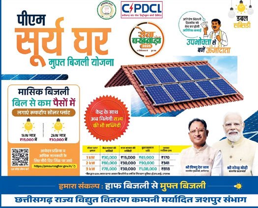 (जशपुरनगर) प्रधानमंत्री सूर्यघर मुफ्त बिजली योजना : सौर ऊर्जा का अधिक से अधिक उपयोग करें