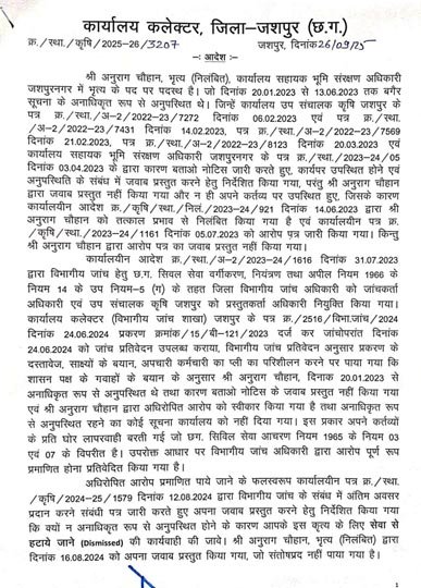 (जशपुरनगर) अनधिकृत रूप से अनुपस्थित रहने पर भृत्य की सेवा समाप्ति का कलेक्टर ने दिया आदेश