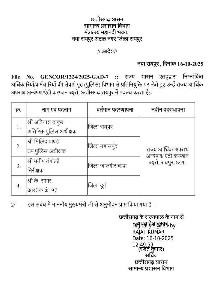 (रायपुर ) एसीबी/ईओडब्ल्यू में प्रतिनियुक्ति पर भेजे गए 3 पुलिस अधिकारी-कर्मचारी