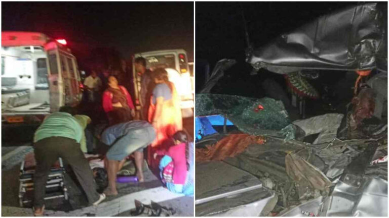 आंध्रप्रदेश में भीषण सड़क हादसे में MP के 4 श्रद्धालुओं की मौत: खड़े ट्रक में जा घुसी गाड़ी, पुरी घूमकर श्रीशैलम जा रहे थे सभी, घटना पर खंडवा सांसद ने जताया दुख