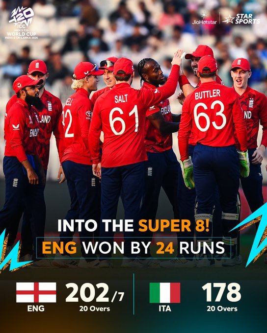 टी-20 विश्व कप 2026: इंग्लैंड ने इटली को हराते हुए सुपर-8 में किया प्रवेश