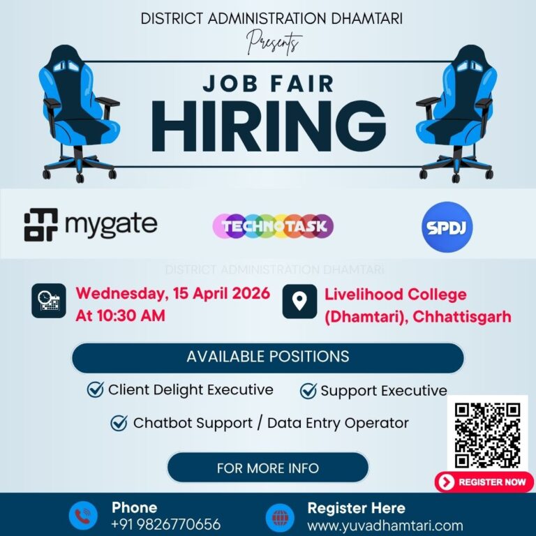 (धमतरी)रोजगार मेला अब 15 अप्रैल को लाईवलीहुड कॉलेज धमतरी में 200 पदों पर होगी भर्ती