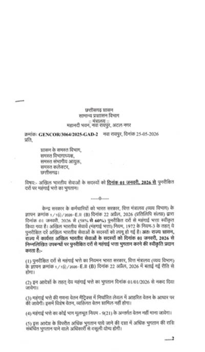 (बड़ीखबर)(रायपुर) छत्तीसगढ़ में आईएएस, आईपीएस और आईएफएस अधिकारियों का डीए बढ़ा