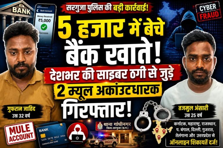 (सरगुजा) 5 हजार में बेचे बैंक खाते, देशभर की साइबर ठगी से जुड़े दो म्यूल अकाउंटधारक गिरफ्तार