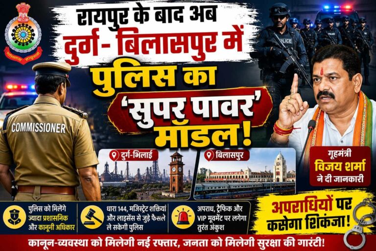 दुर्ग और बिलासपुर में भी लागू होगा कमिश्नरेट सिस्टम! पुलिस को मिलेंगे नए अधिकार, गृहमंत्री विजय शर्मा ने दी जानकारी