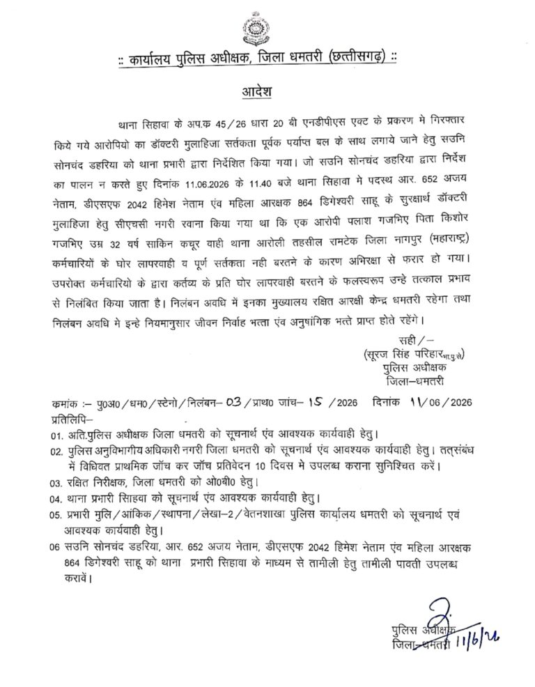 (धमतरी) आरोपी पुलिस अभिरक्षा से हुआ फरार, एसपी ने 4 पुलिसकर्मियों को किया निलंबित