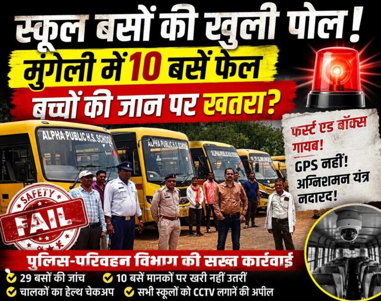 (मुंगेली)स्कूल बसों पर चला पुलिस का हंटर, 10 बसें फेल, बच्चों की सुरक्षा पर बड़ा खुलासा