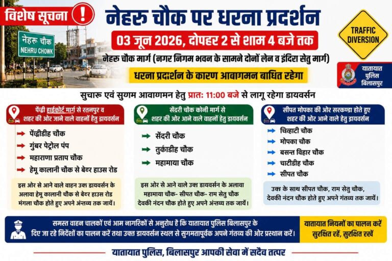 नेहरू चौक पर धरना आज, 11 बजे से शहर में लागू रहेगा ट्रैफिक डायवर्सन