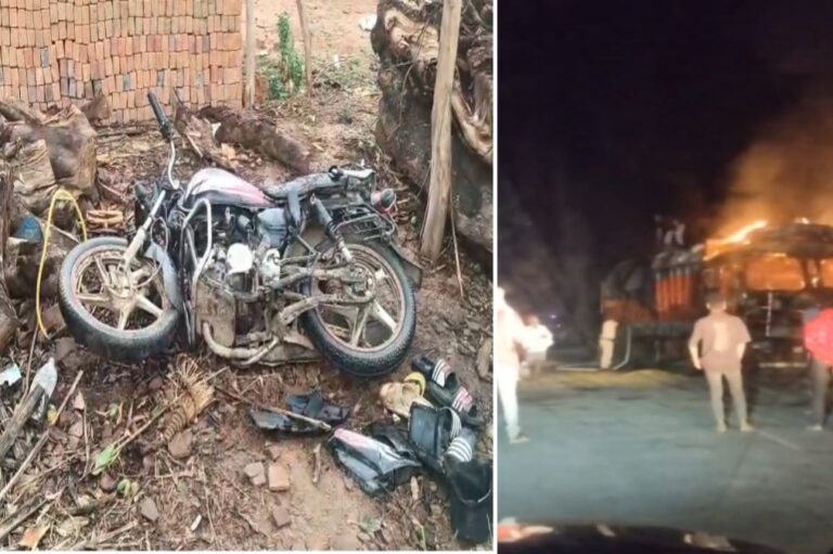 भीषण सड़क हादसा: खड़े ट्रक से टकराई बाइक, 3 युवकों की मौत, गुस्साए ग्रामीणों ने फूंक दिया ट्रक