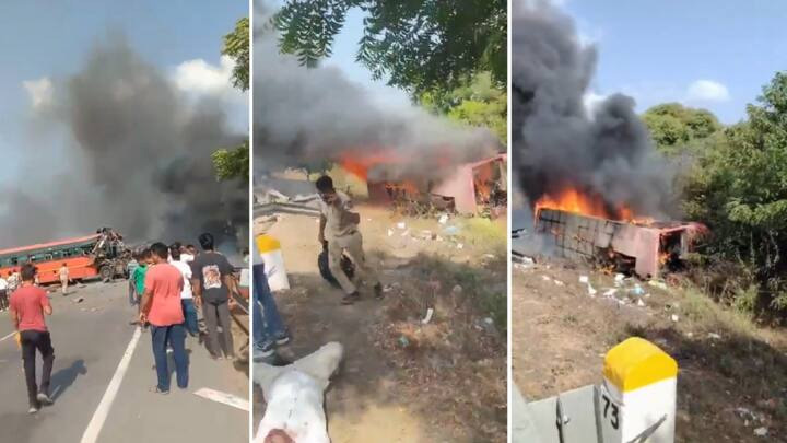 सूरत में 2 बसों और एक ट्रैक्टर की टक्कर में 7 यात्रियों की मौत, कई जिंदा जले