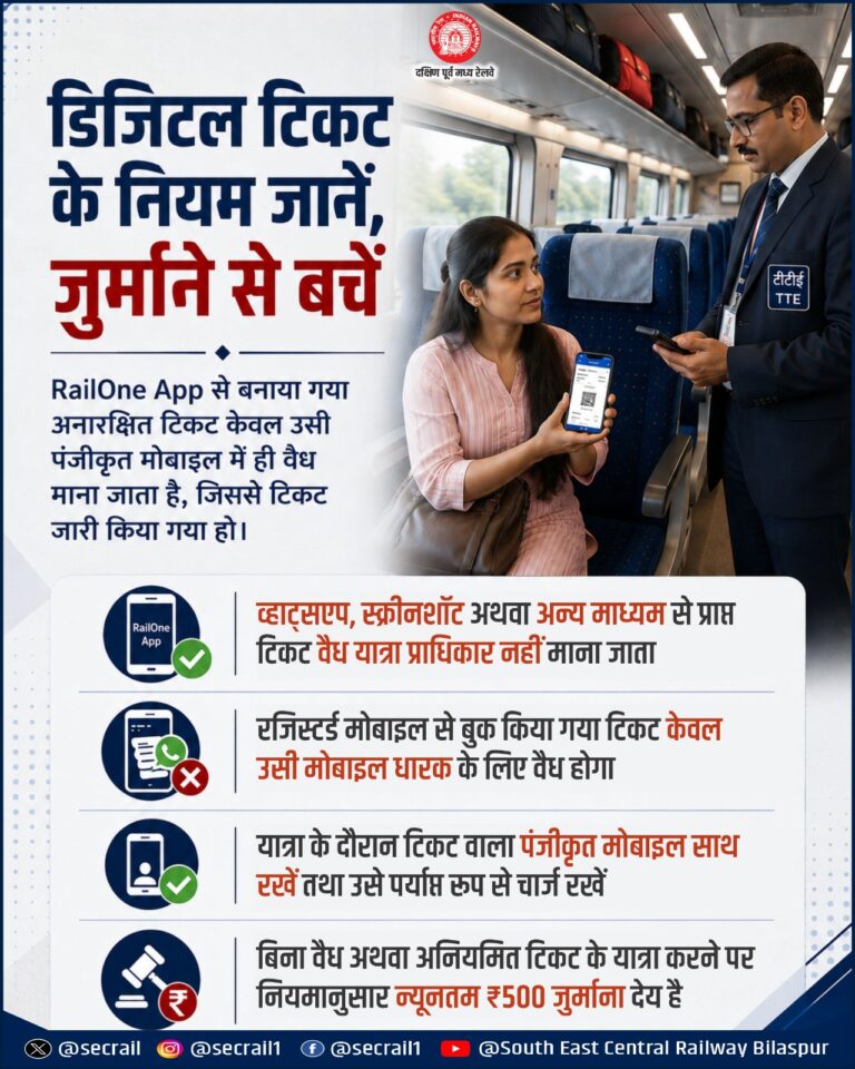 (रायपुर/बिलासपुर) व्हाट्सएप पर मिला टिकट नहीं आया काम, यात्री को भरना पड़ा जुर्माना – डिजिटल टिकट के नियम जानना भी है जरूरी