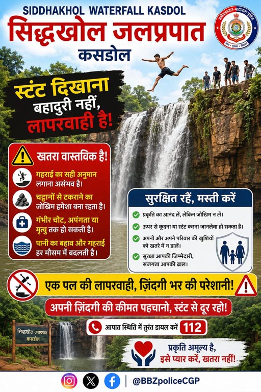 (बलौदाबाजार -भाटापारा) सिद्धखोल जलप्रपात में स्टंट न करें, जान जोखिम में न डालें: बलौदाबाजार-भाटापारा पुलिस की अपील