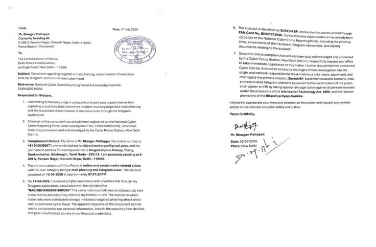एक ही टेलीग्राम लिंक से परिवार के तीन लोगों को बनाया निशाना, डॉ. भार्गव मल्लप्पा ने दिल्ली पुलिस से की जांच की मांग