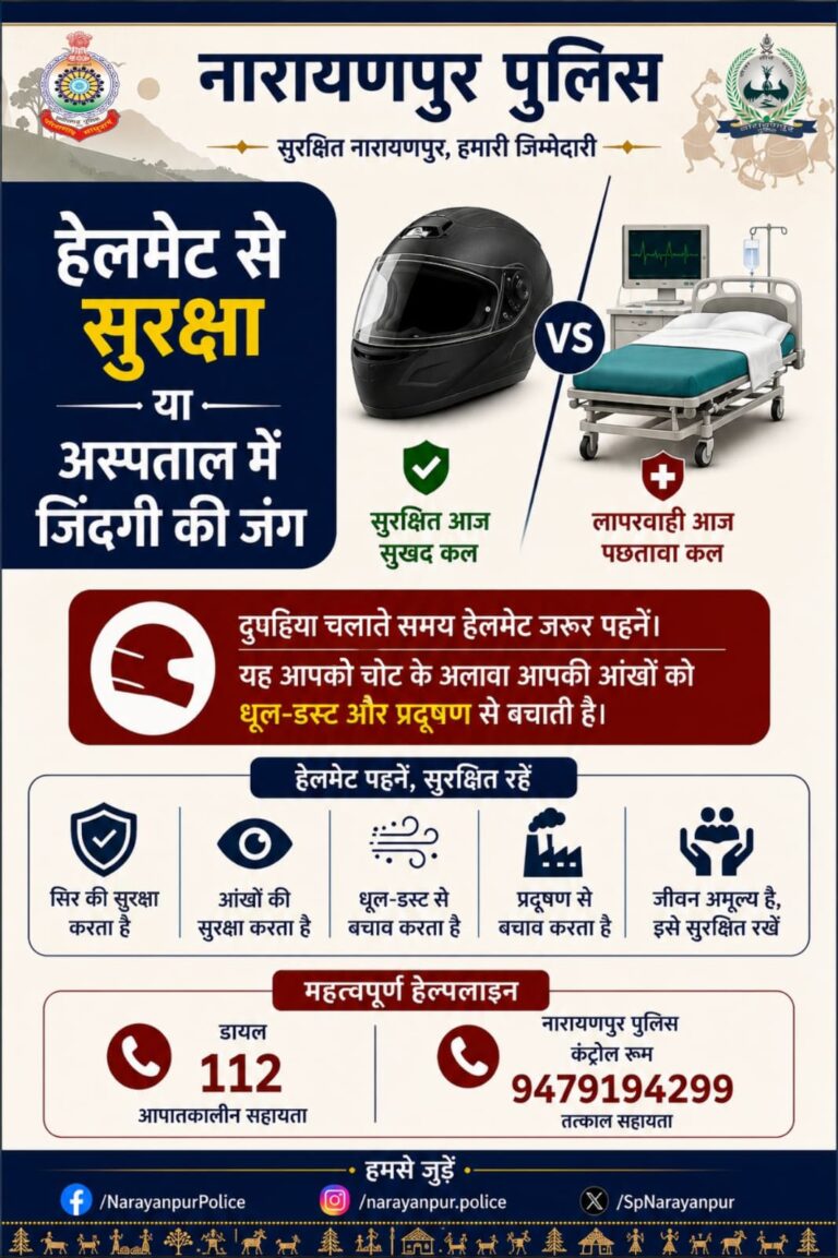 (नारायणपुर) पुलिस की जनहित अपील: हेलमेट चालान से बचने के लिए नहीं, जिंदगी बचाने के लिए पहनें