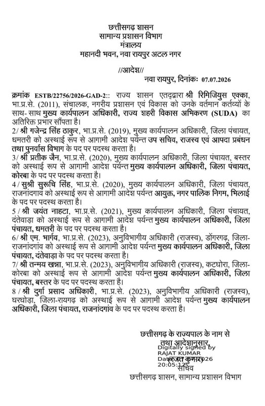 (रायपुर) छत्तीसगढ़ में बड़ा प्रशासनिक फेरबदल: राज्य प्रशासनिक सेवा के 19 अधिकारियों का तबादला