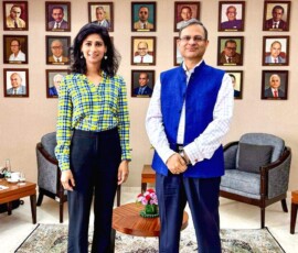 अमेरिकी अर्थशास्त्री और अंतर्राष्ट्रीय मुद्रा कोष की पूर्व उप प्रबंध निदेशक गीता गोपीनाथ ने मुंबई स्थित आरबीआई मुख्यालय में भारतीय रिज़र्व बैंक (आरबीआई) के गवर्नर संजय मल्होत्रा से मुलाक़ात की।